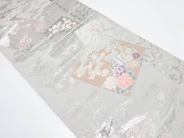 九百錦　プラチナ箔　色紙に御所車・草花模様織り出し　袋帯